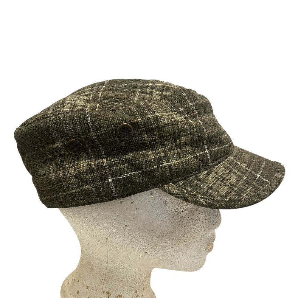 Roots Green Plaid Cotton Cap Size M Flat Top Quilted Lined Classic Hat Khaki - Picture 6 of 10